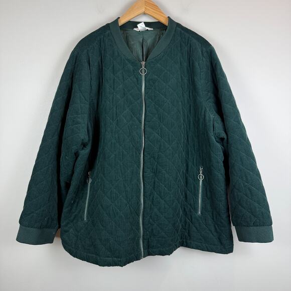 Cj Banks Bomber Jacket Women's 3X Kelly Green Quilted Corduroy Full Zip Outdoor - Picture 1 of 7